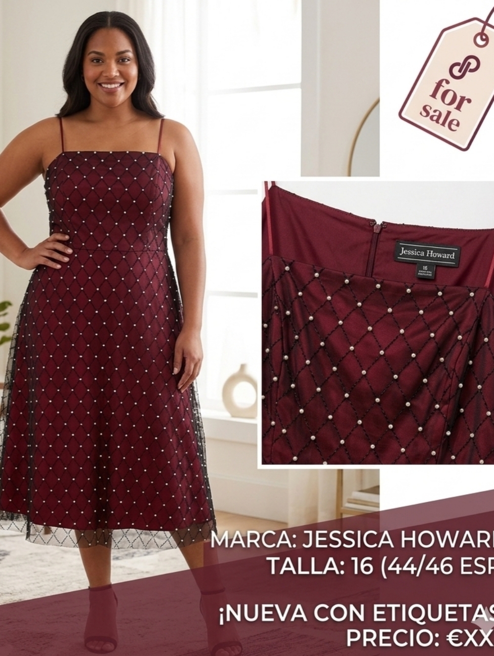 Jessica Howard Burgundy Pearl Embellished Mesh Midi Dress Size 16